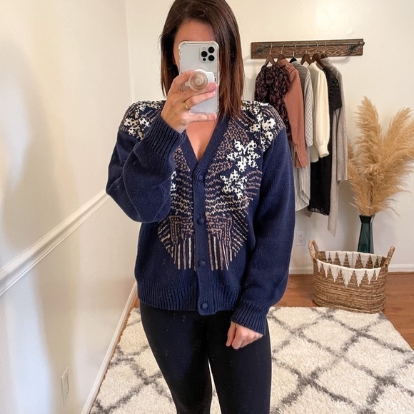 Vintage Knitted Floral Cardigan Sweater S - Picture 1 of 9